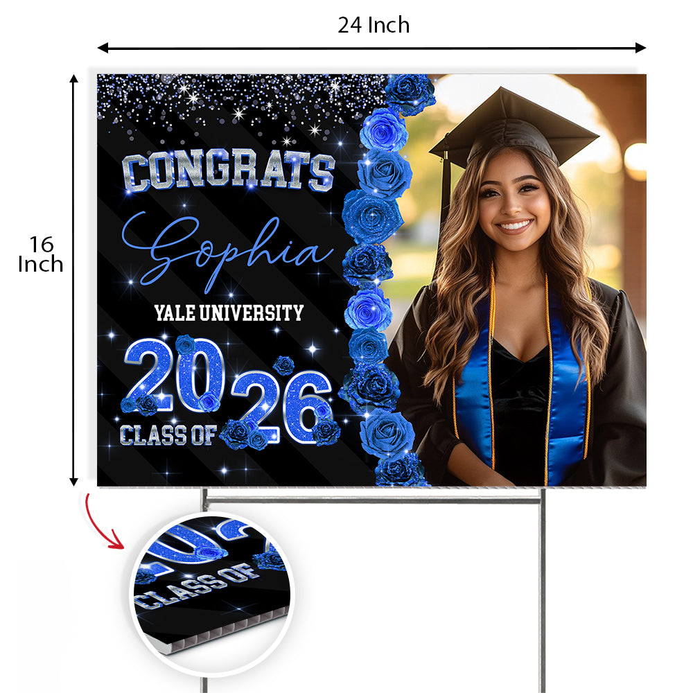 Class Of 2026 Roses Glitter Lawn Sign, Graduation Gift - Personalized Graduation Yarn Sign With Stake
