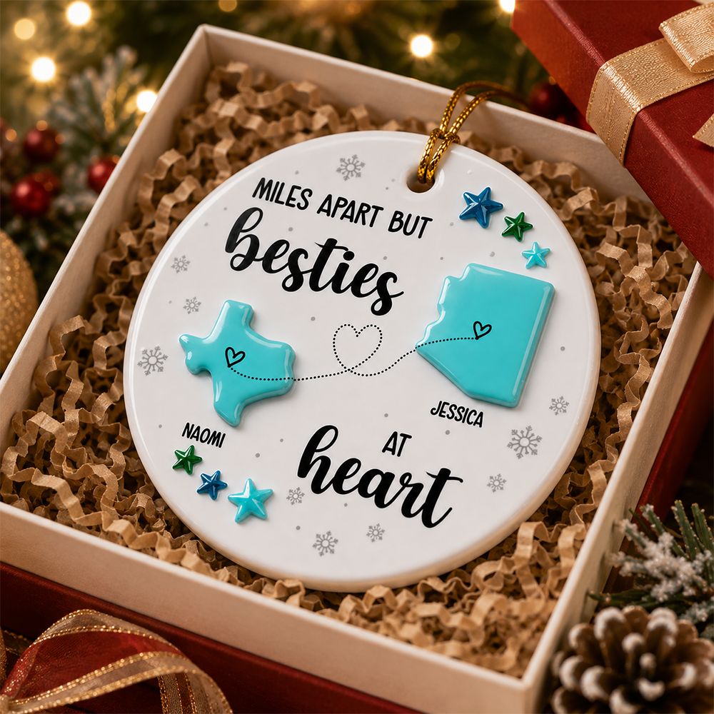 Sea Glass Effect Christmas Long Distance State Maps Besties - Real 3D Relief Ornament 2