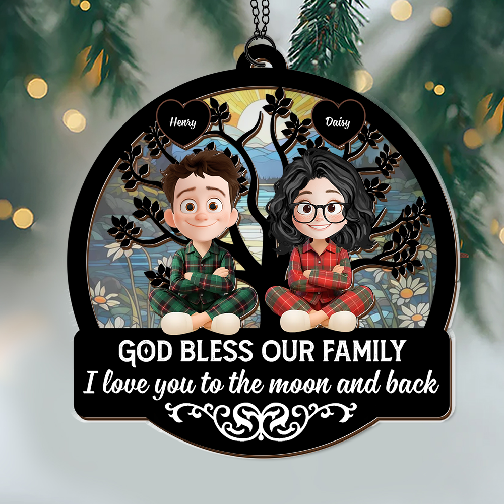 God Bless Our Family Christmas - Personalized Window Hanging Suncatcher Ornament