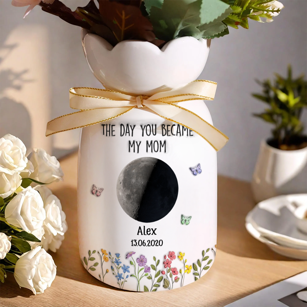 The Days You Became Mom - Personalized Custom Ribbon Tie Flower Vase