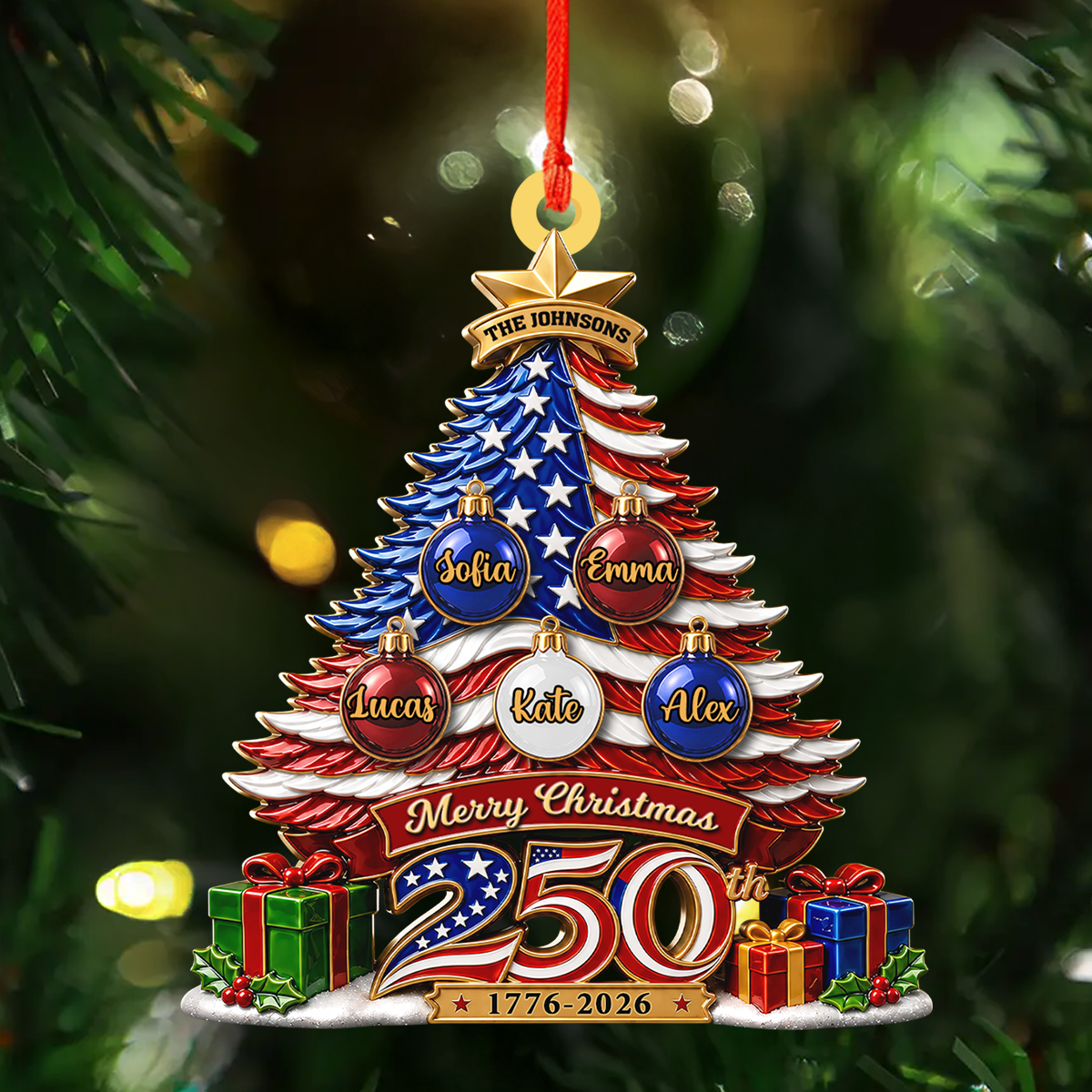 Our Patriotic Family Christmas Custom Names - Real 3D Relief Ornament 2