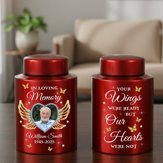 In Loving Memories Miss You Photo -  Keepsake Wings Urn for Ashes - Stainless Steel Urn