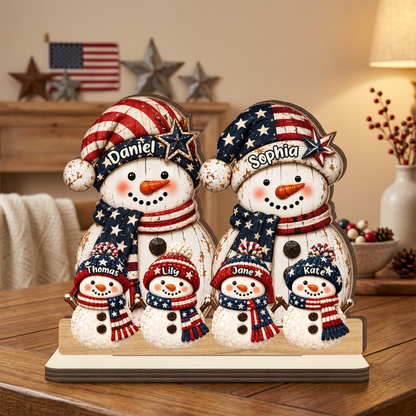 Christmas Family Snowman - Personalized 2-Layer Wood Plaque With Flat Base