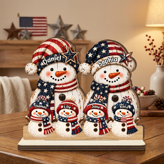 Christmas Family Snowman - Personalized 2-Layer Wood Plaque With Flat Base