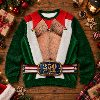 Funny Santa, Elf With Big Hairy Belly - Personalized All-Over-Print Sweatshirt - Wool Sweater