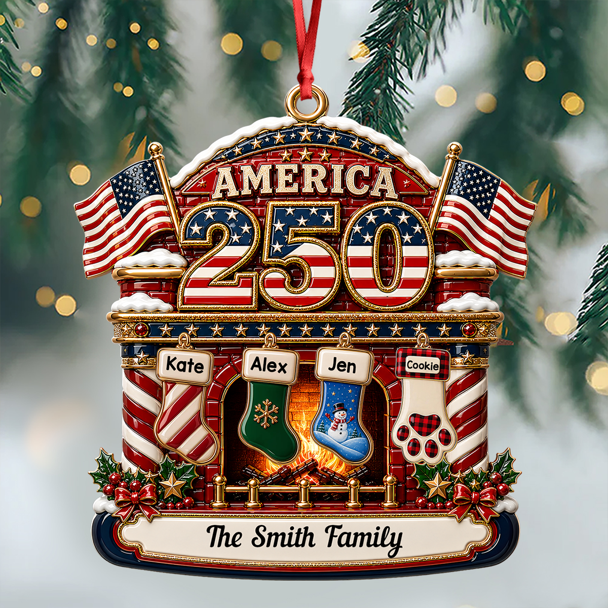 Christmas Fireplace Love United States Of America - Real 3D Relief Ornament