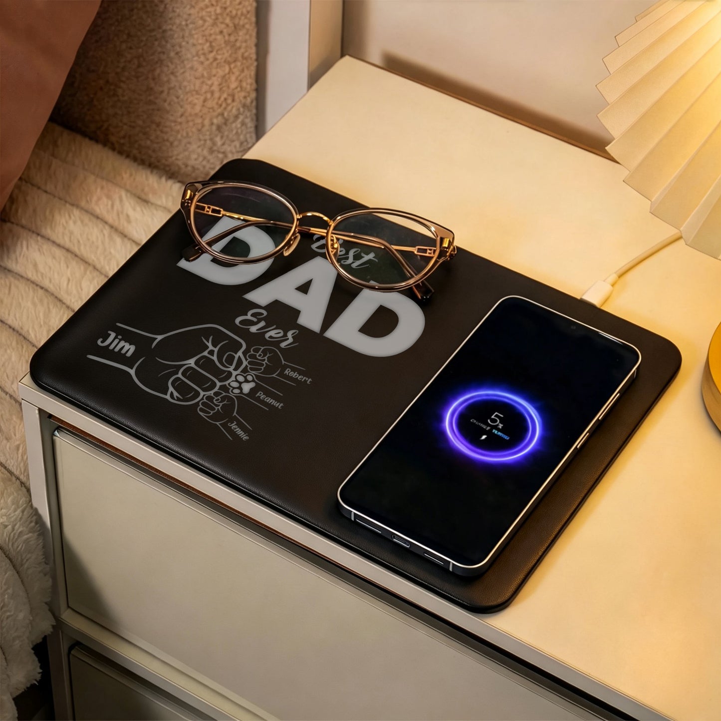Father's Day Gifts, Custom Photo Pencil Sketch Best Dad Ever - Personalized Leather Charging Mat