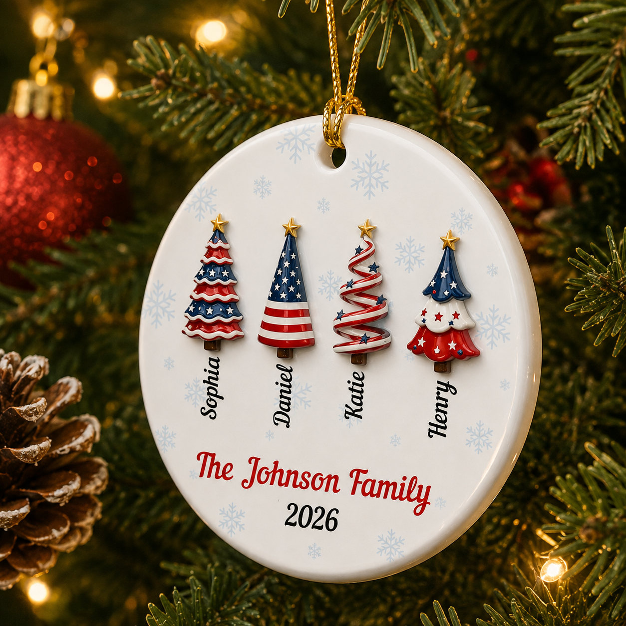America 250 Christmas Ornament with Family Names - Real 3D Ceramic Ornament