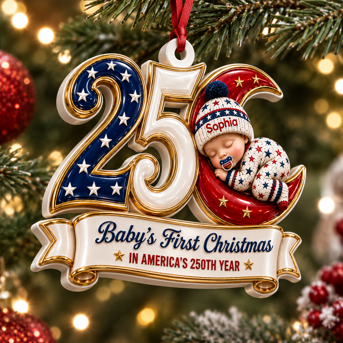 America Patriotic Keepsake Moon  - Real 3D Relief Ornament