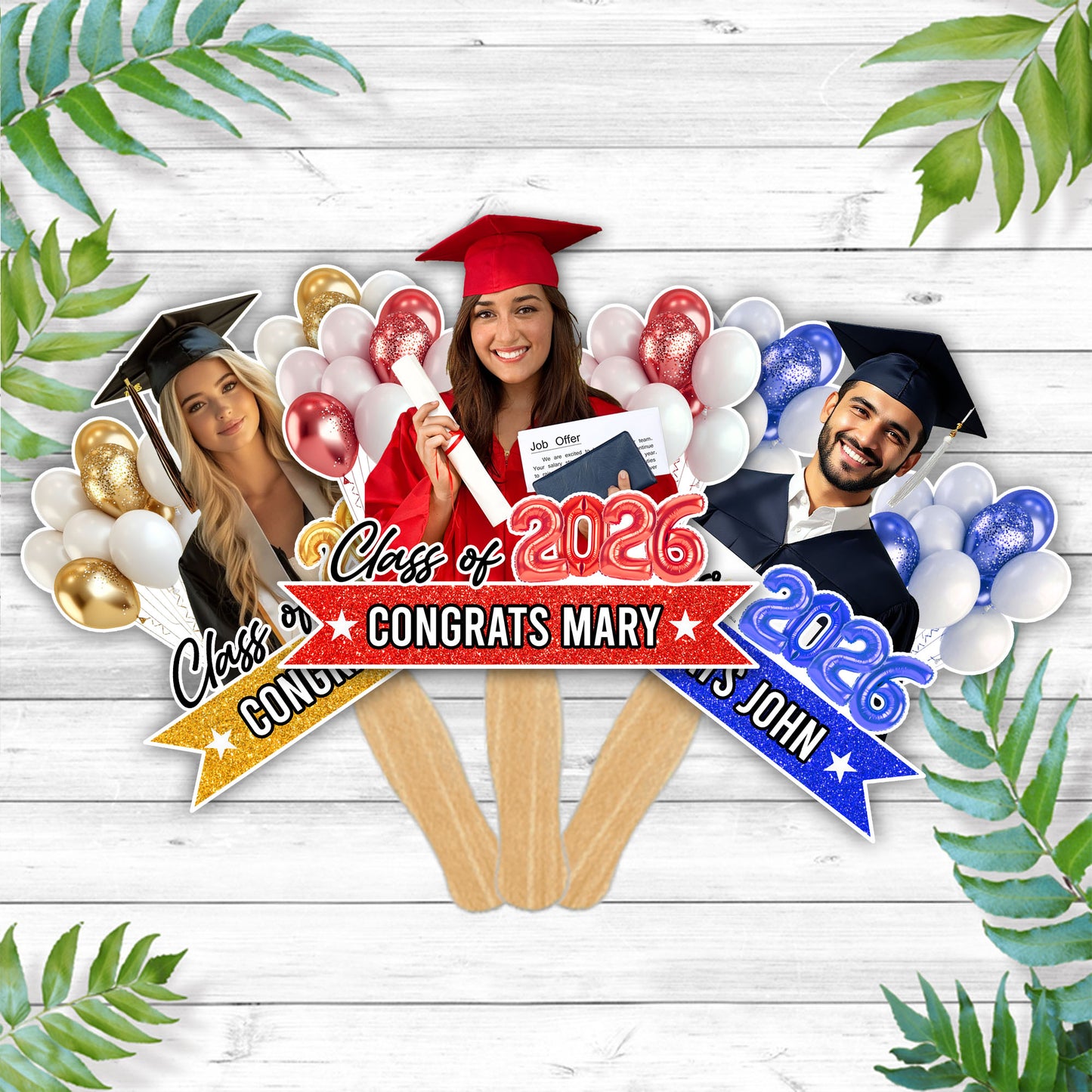 Personalized Graduation Balloon Face Fans With Wooden Handle - Fans Faces Class Of 2026