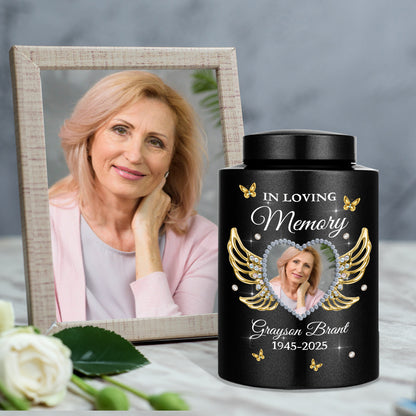 In Loving Memories Miss You Photo -  Keepsake Wings Urn for Ashes - Stainless Steel Urn