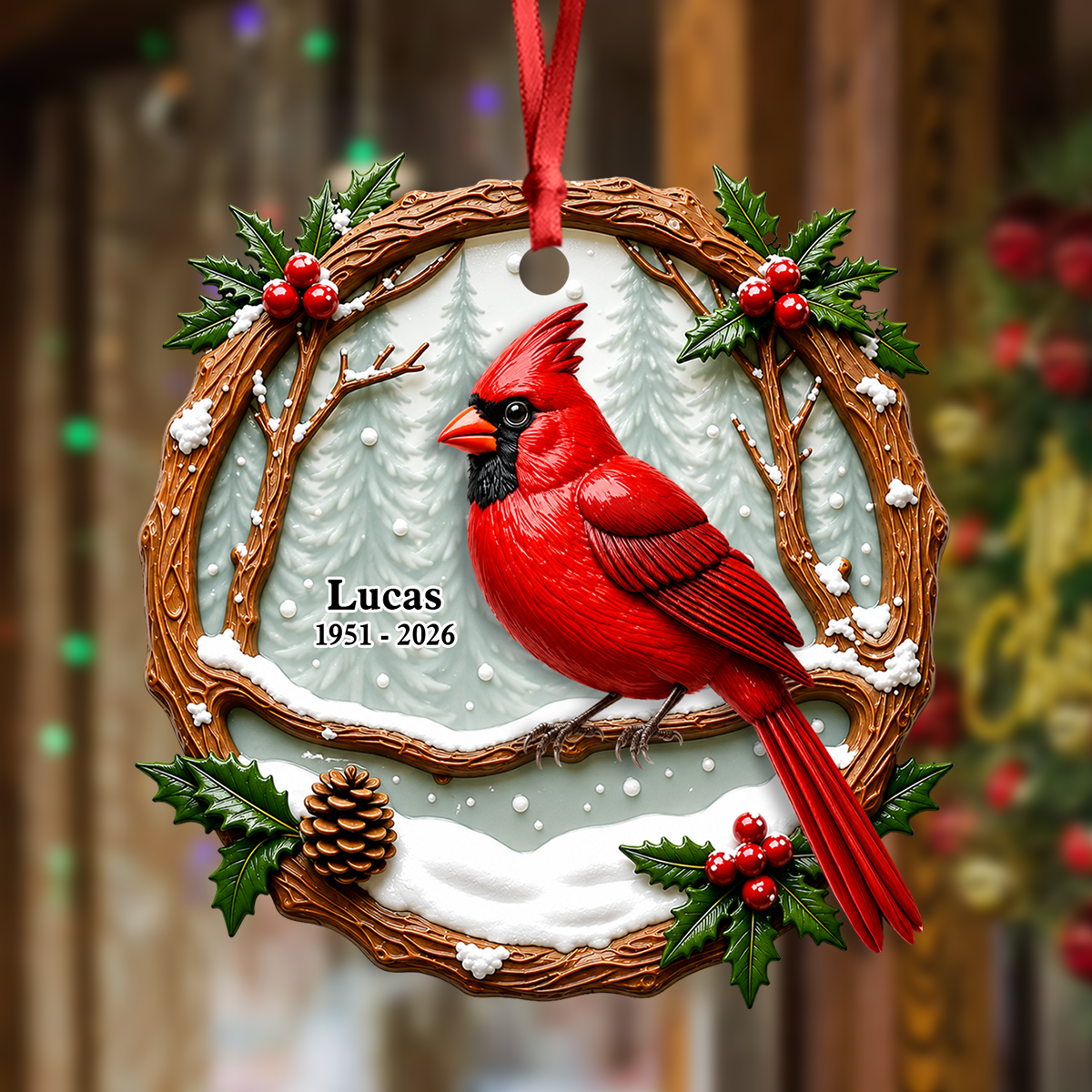 Cardinals Dad Mom Memorial Berry - Real 3D Relief Ornament 2