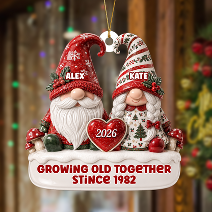 Toile De Jouy Pattern Gnome Couple - 3D Relief Ornament