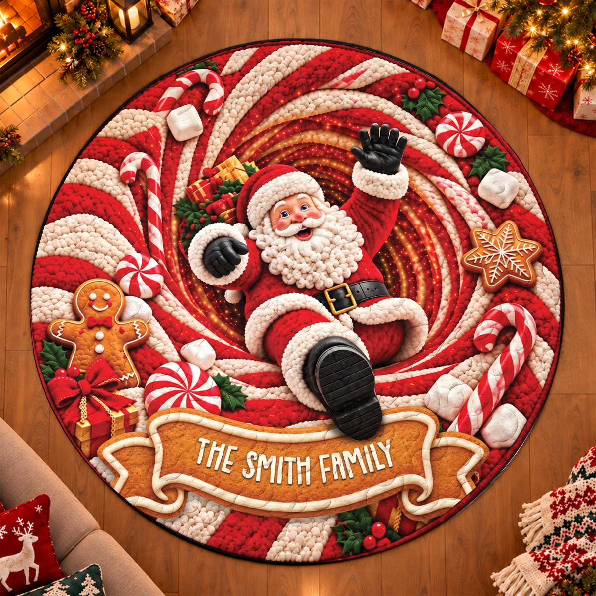 Santa Candy Cane and Gingerbread Round Mat  - Personalized Quilted Mat Custom Shaped Doormat - Christmas Decor 3D Round Rug