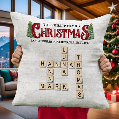 Family Rustic Christmas Crossword - Personalized Custom Pillow