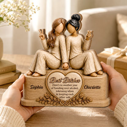 Personalized Wooden Sign Forever Connected Besties Figure Block Gift
