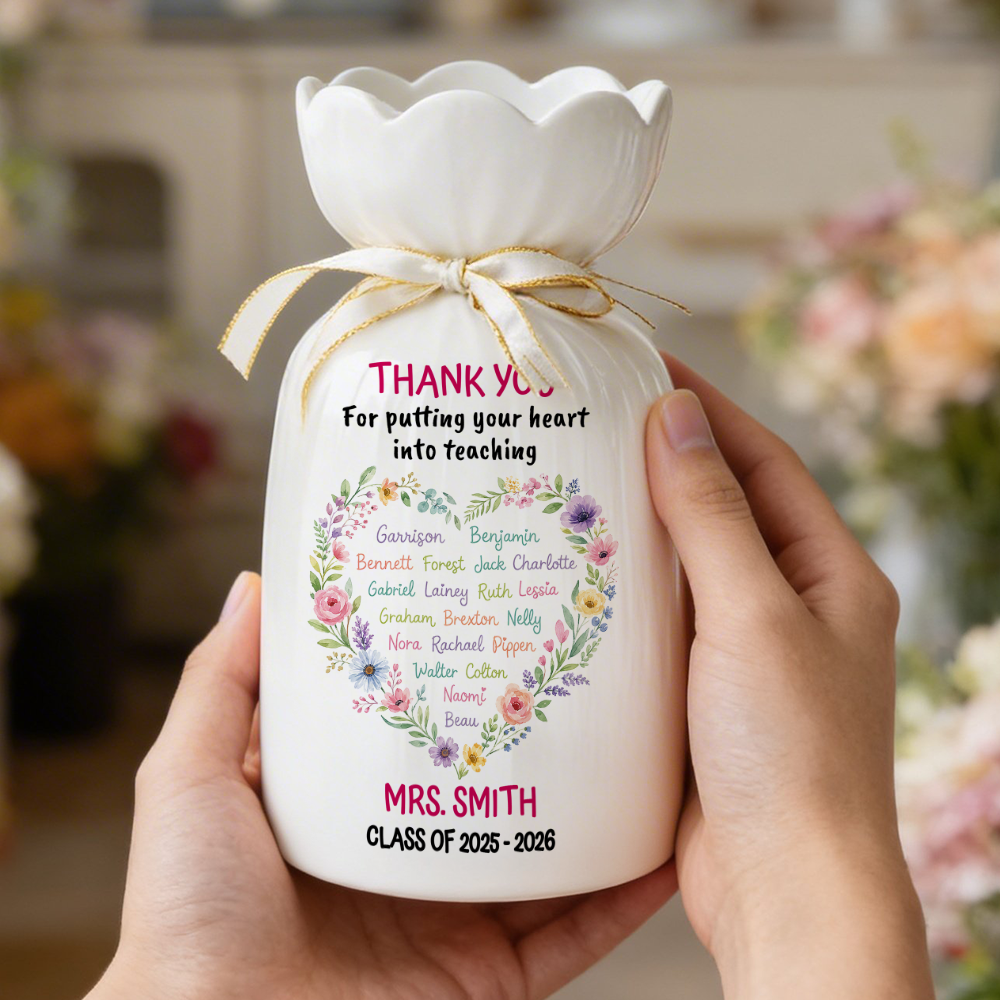 Personalized Teacher Gift from Class Watercolor Heart - Personalized Custom Ribbon Tie Flower Vase