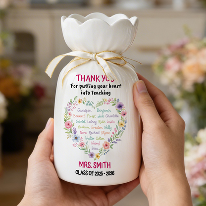 Personalized Teacher Gift from Class Watercolor Heart - Personalized Custom Ribbon Tie Flower Vase