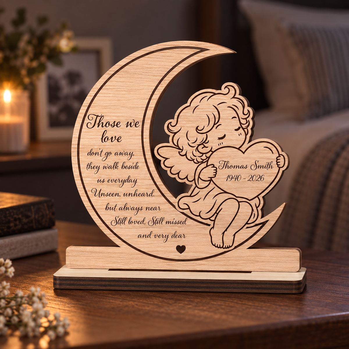 Memorial Angel - Personalized 2-Layer Wood Plaque With Flat Base