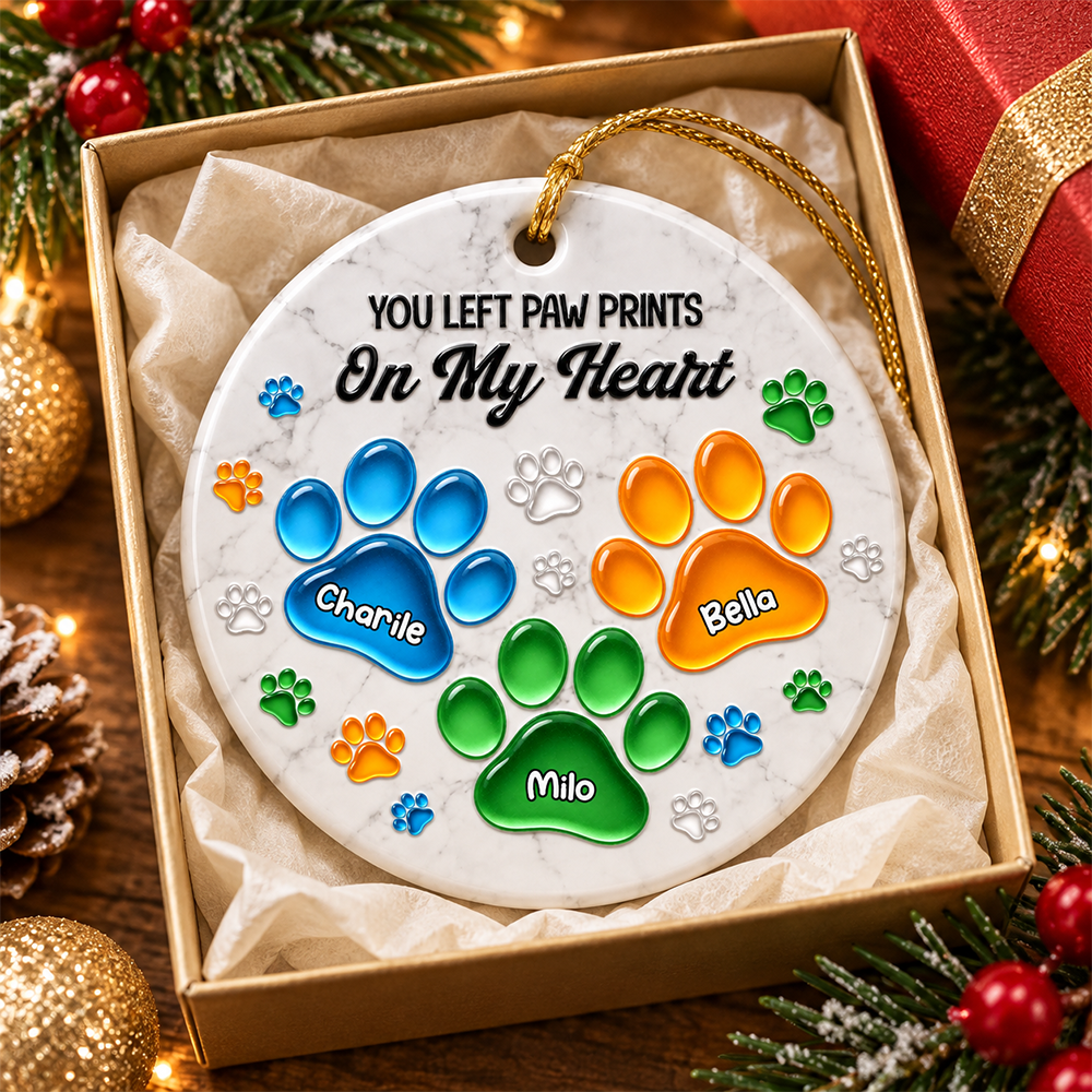 Personalized Pet Christmas Memorial Sympathy Gifts For Dogs, Cats - Pawprints On My Heart - Real 3D Relief Ornament