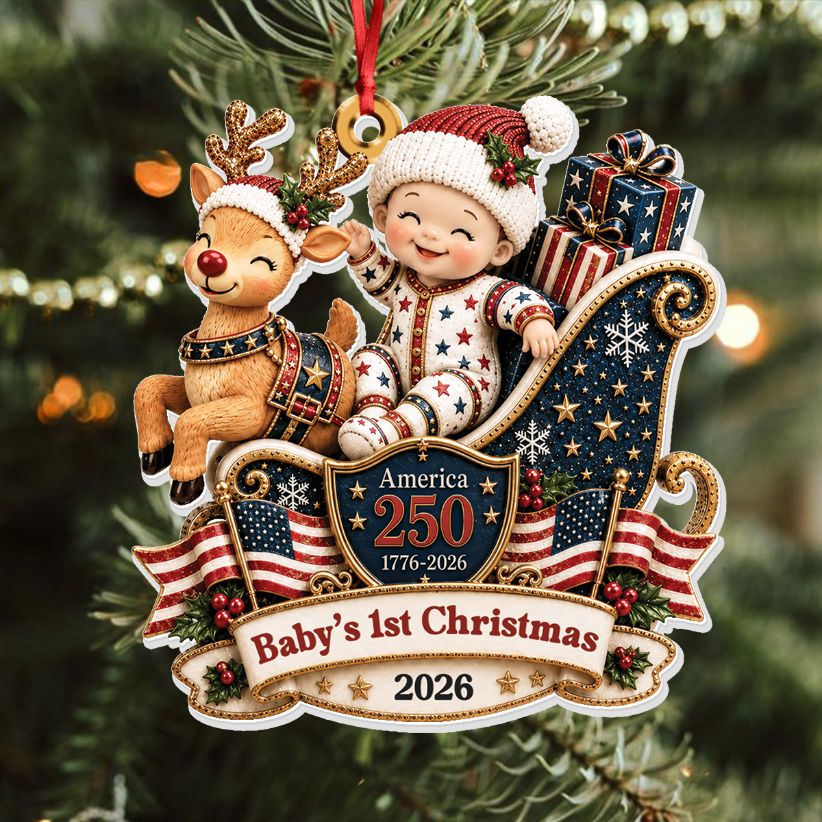 Baby's 1st Christmas In Sleigh America 250th Anniversary - Real 3D Relief Ornament