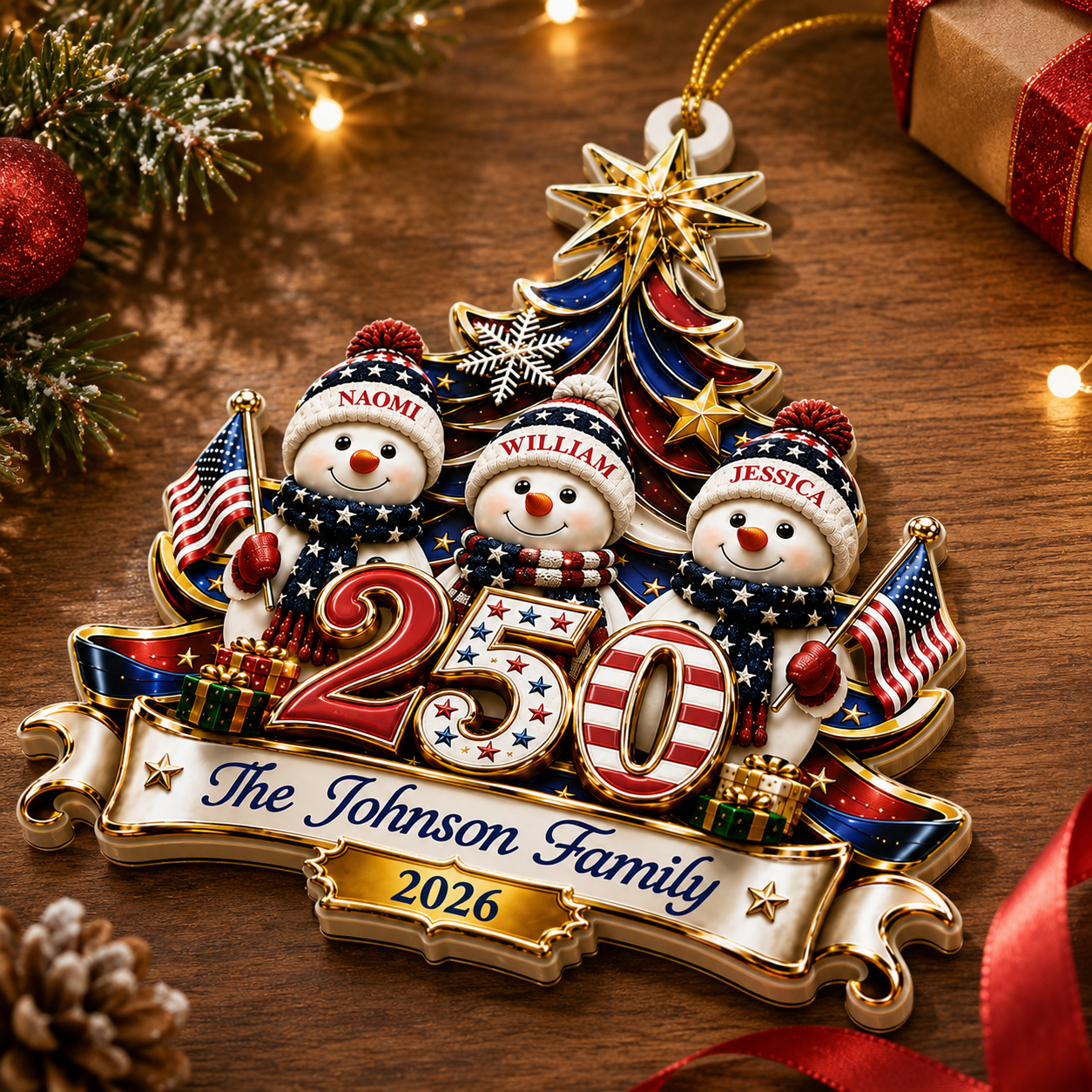 America 250 Snowman Family Christmas - Real 3D Relief Ornament 2