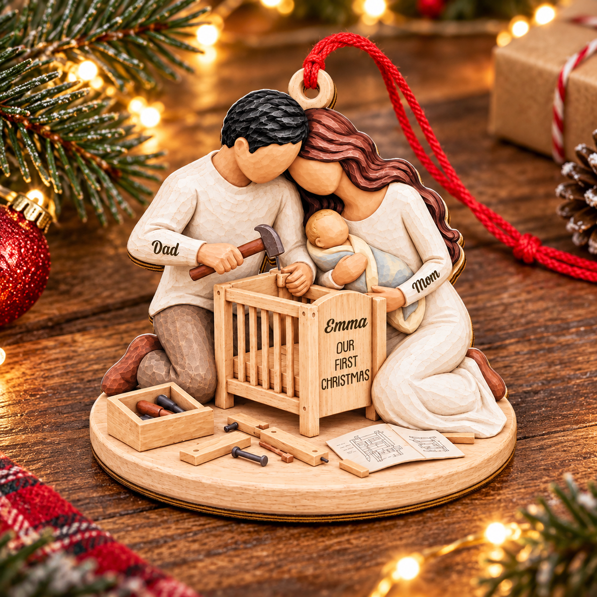 Expecting Couple Building Crib Ornament   - Custom Shaped 2 Layered Wood Christmas Ornament