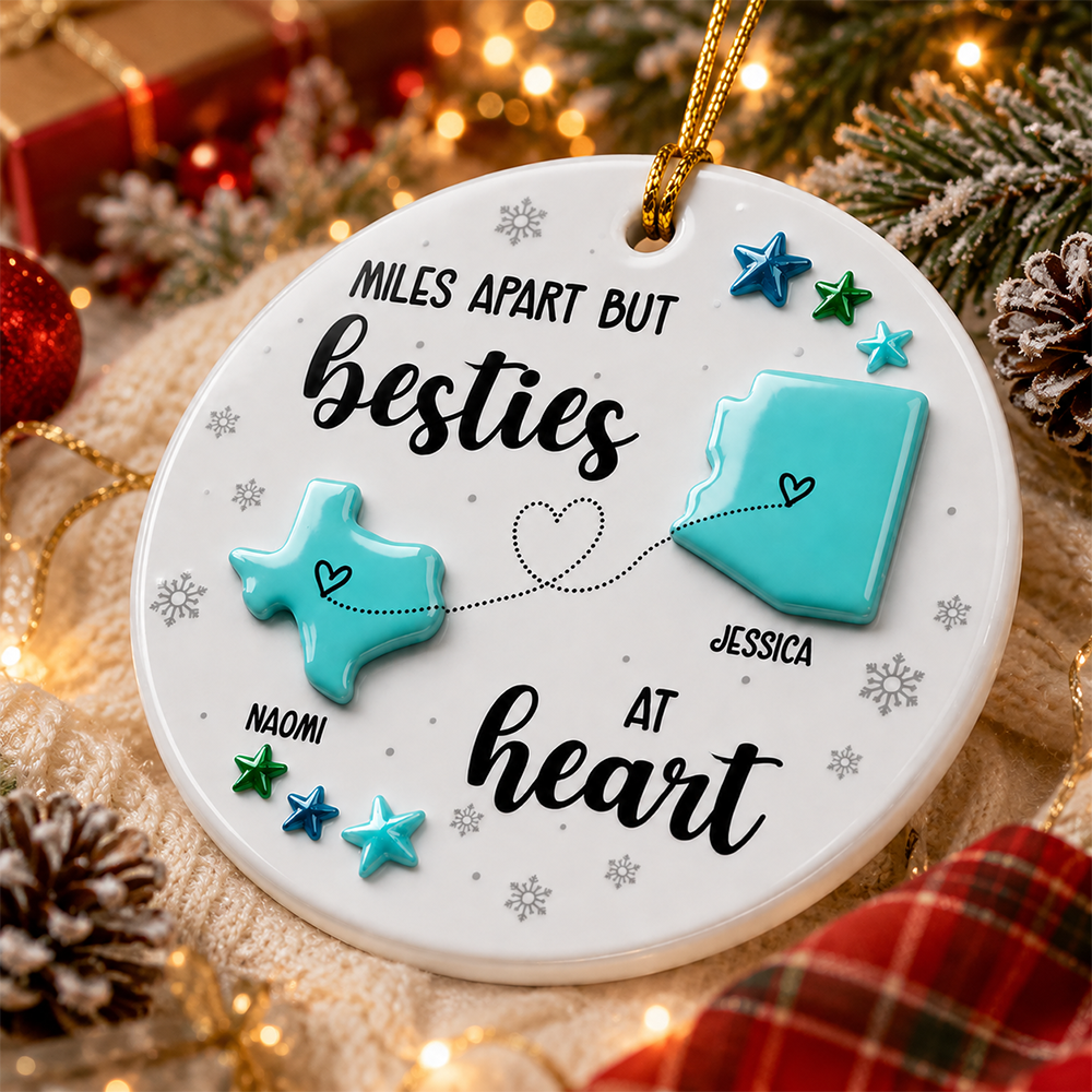 Sea Glass Effect Christmas Long Distance State Maps Besties - Real 3D Relief Ornament 2