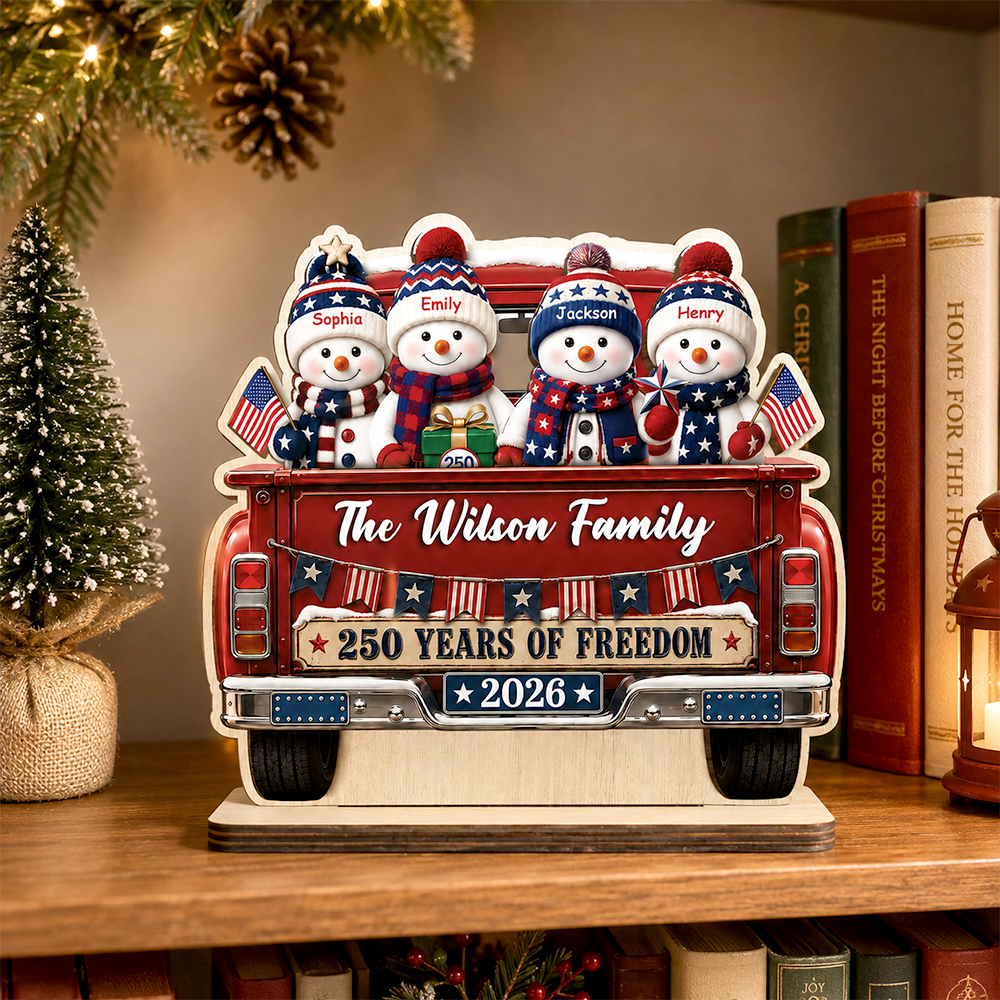 250 Years of Freedom Snowman Family - Personalized 2-Layer Wood Plaque With Flat Base
