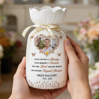 In Loving Memory Heart Photo - Personalized Custom Ribbon Tie Flower Vase