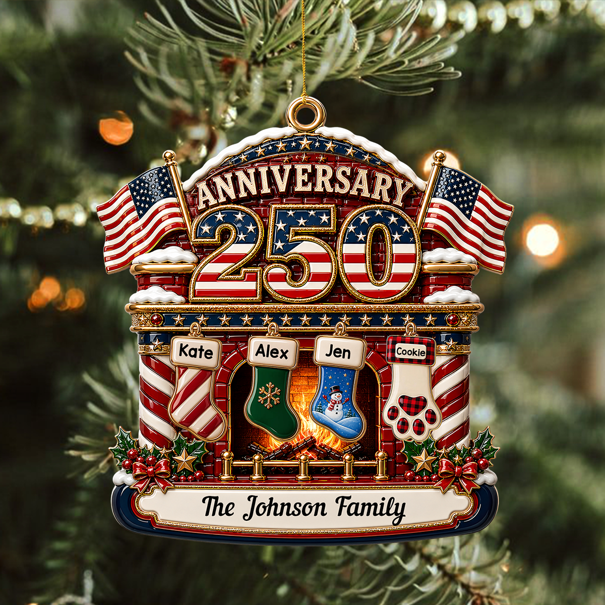 Christmas Fireplace Love United States Of America - Real 3D Relief Ornament