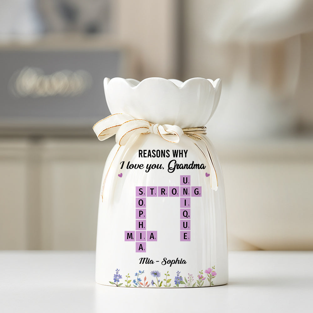 Reasons Why I Love You Mom Crossword Art - Personalized Custom Ribbon Tie Flower Vase