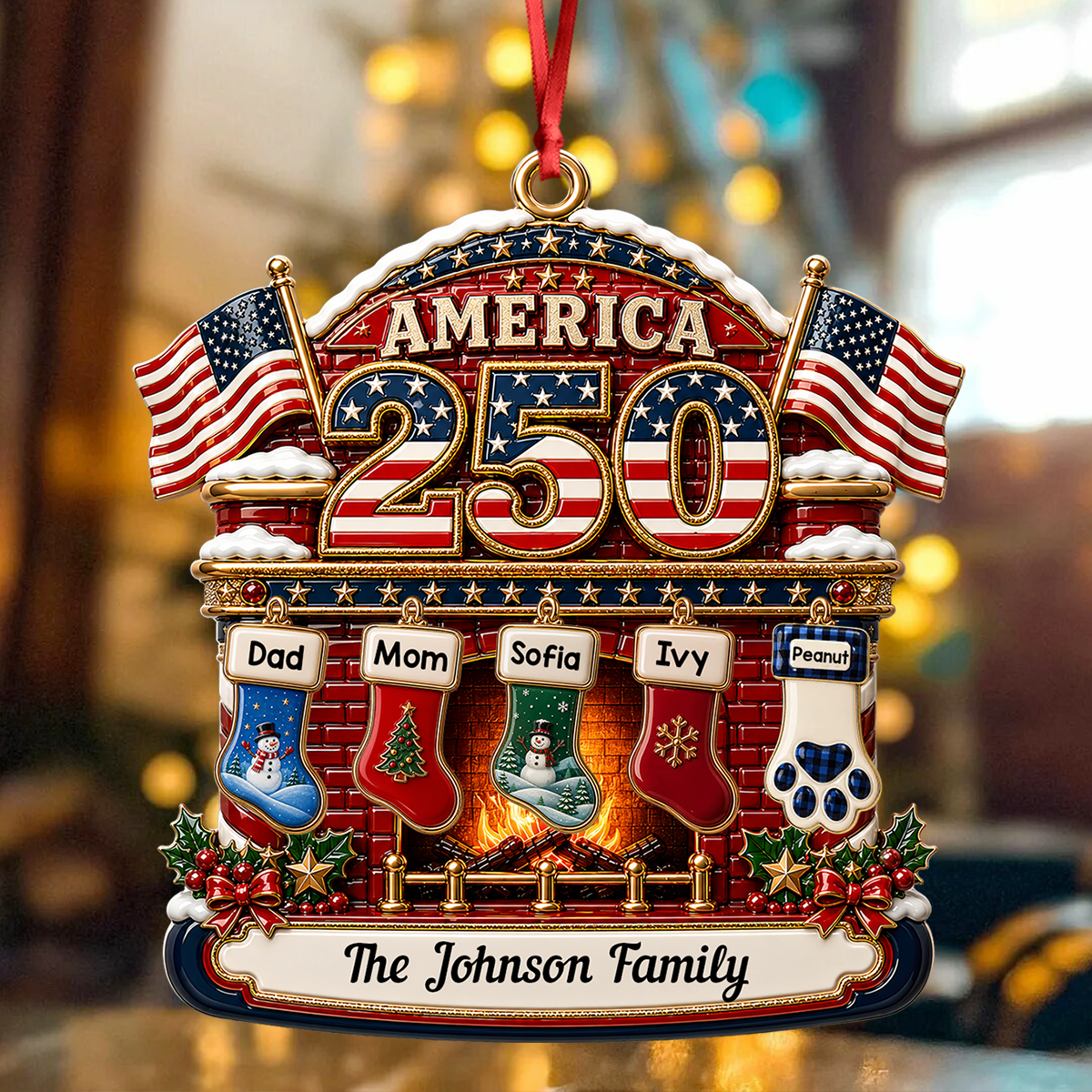 Christmas Fireplace Love United States Of America - Real 3D Relief Ornament