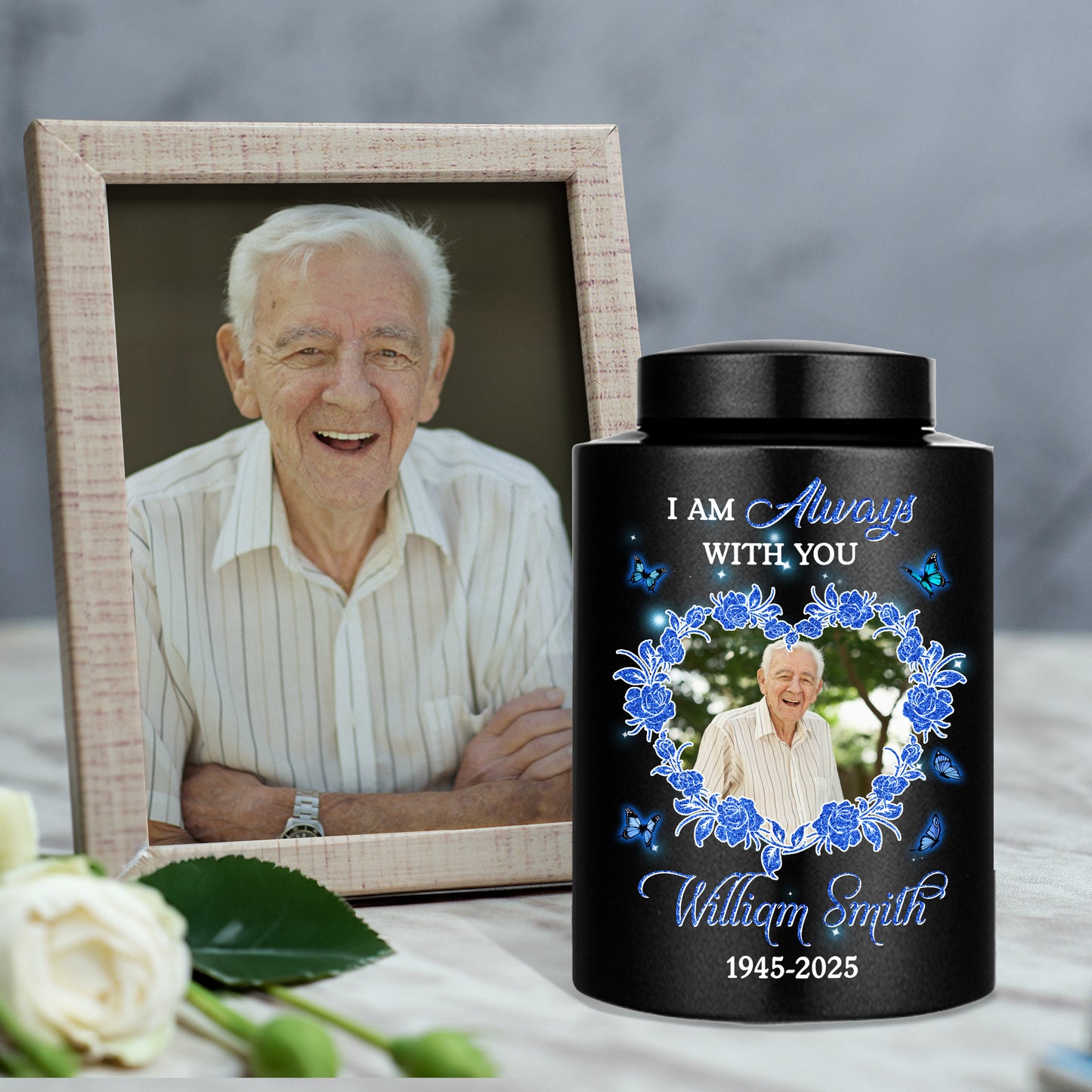 Heart Photo In Loving Memories Flowers -  Keepsake Wings Urn for Ashes - Stainless Steel Urn