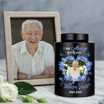 Heart Photo In Loving Memories Flowers -  Keepsake Wings Urn for Ashes - Stainless Steel Urn