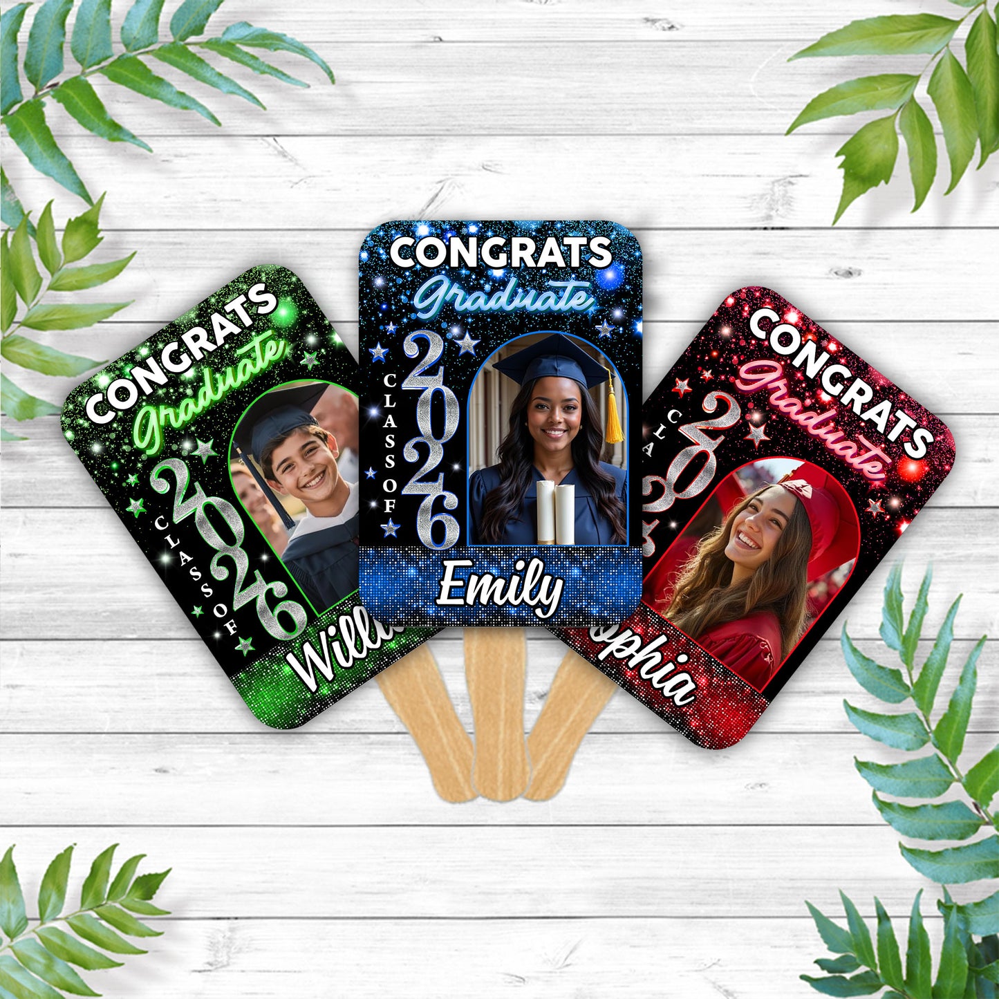 Personalized Graduation Face Fans Glitter With Wooden Handle - Fans Faces Class Of 2026