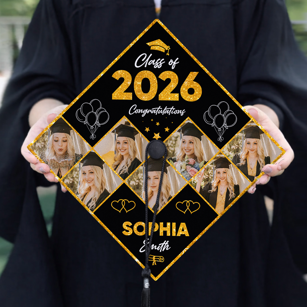 Class Of 2026 Photo Congrats Glitter Cap Topper - Personalized Printed Graduation Cap Topper
