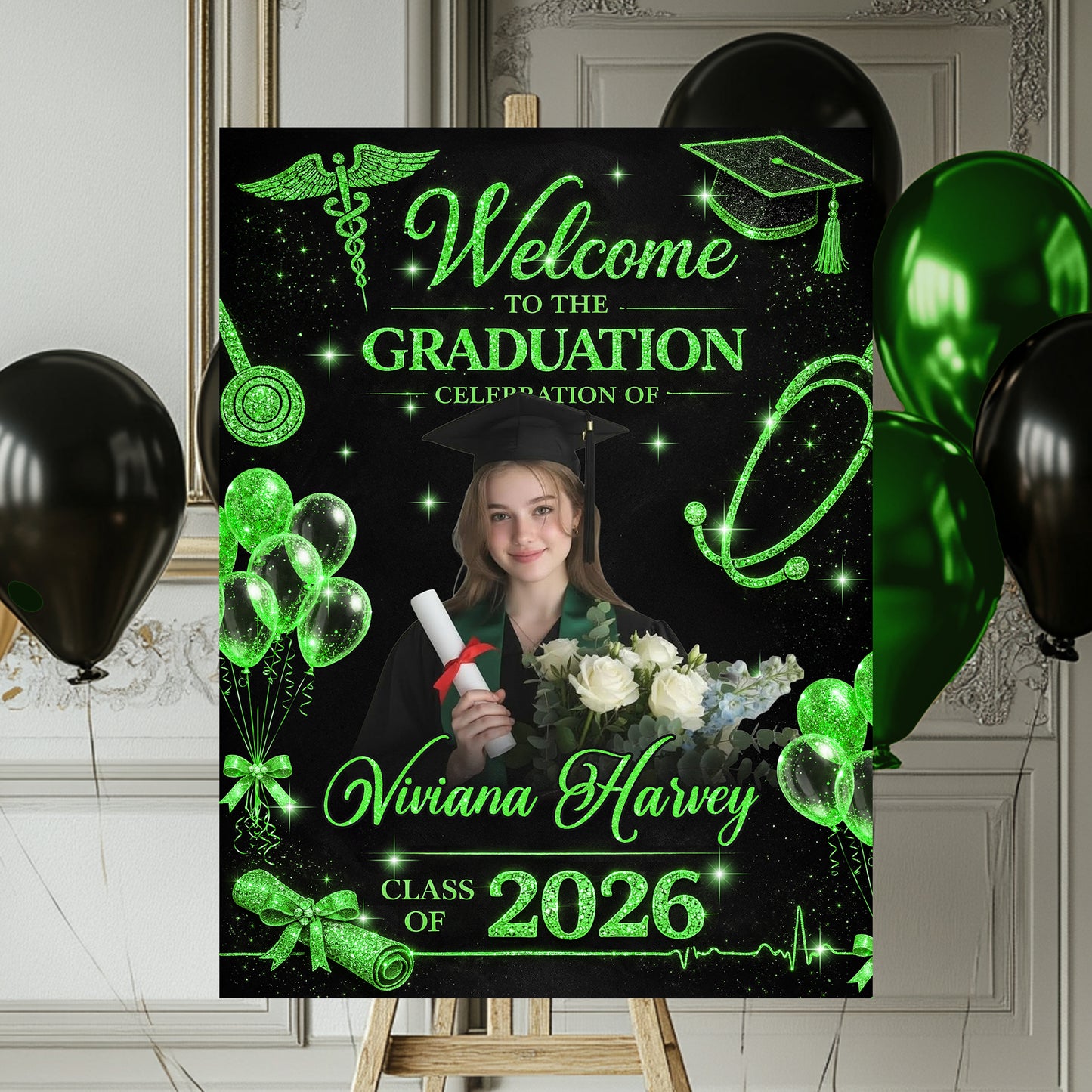 Glitter Nurse RN Personalized Graduation Welcome Sign - Custom Photo Welcome Sign - Graduation Gifts