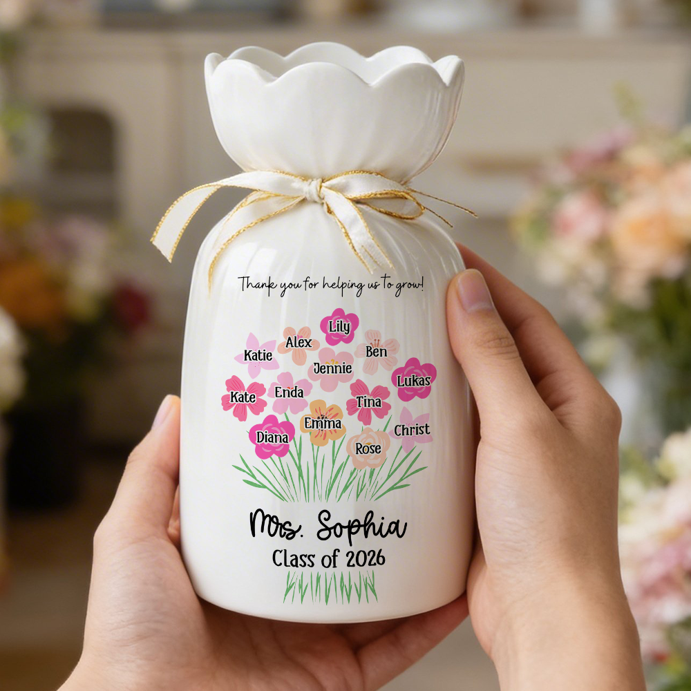 Personalized Teacher Gift - Thank You for Helping Us Grow- Personalized Custom Ribbon Tie Flower Vase