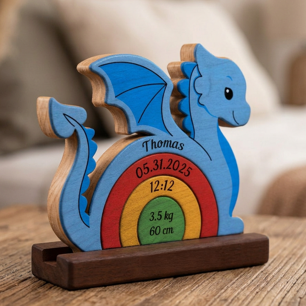 Personalized Baby New Born Dragon Puzzle - Custom Premium Wooden Name Puzzle - Christmas Gifts - New Mom New Dad