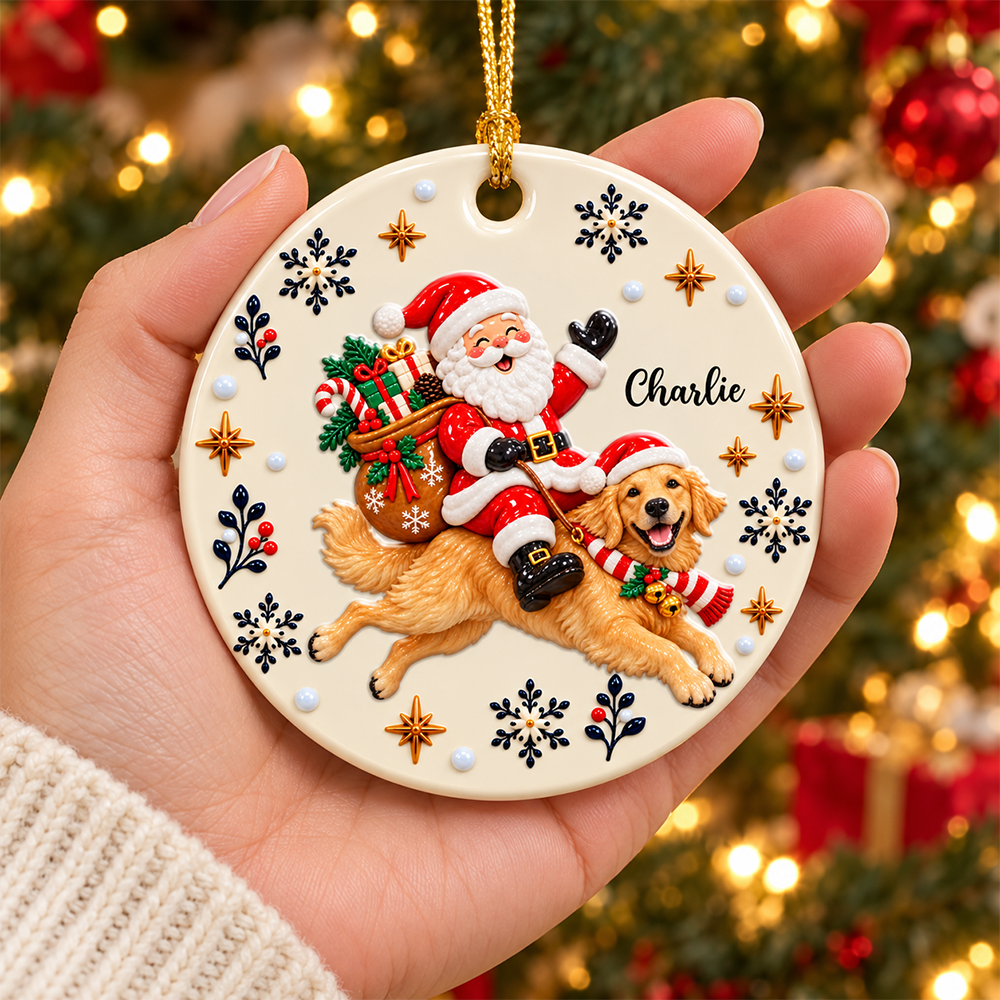 Santa On Dog's Back Upload Pet Photo Merry Christmas - Real 3D Relief Ornament
