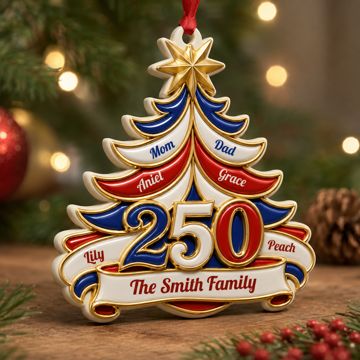 America 250 Christmas Tree Ornament with Family Names - Real 3D Relief Ornament