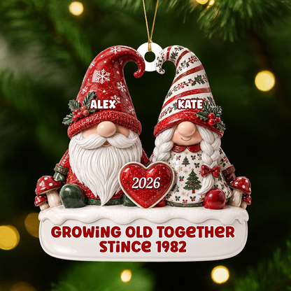 Toile De Jouy Pattern Gnome Couple - 3D Relief Ornament
