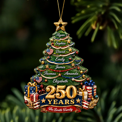Christmas Tree Custom Family Name Personalized 250th America  - Real 3D Relief Ornament