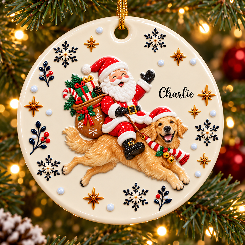 Santa On Dog's Back Upload Pet Photo Merry Christmas - Real 3D Relief Ornament