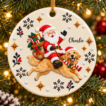 Santa On Dog's Back Upload Pet Photo Merry Christmas - Real 3D Relief Ornament