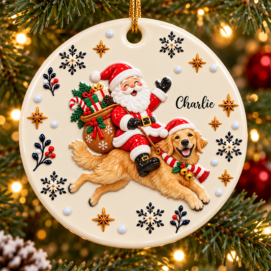 Santa On Dog's Back Upload Pet Photo Merry Christmas - Real 3D Relief Ornament