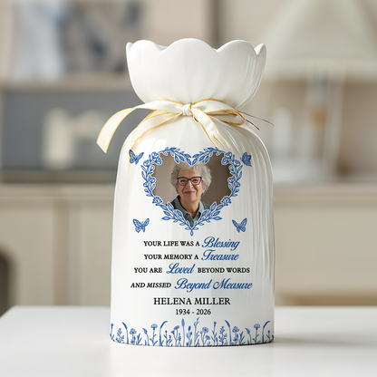 In Loving Memory Heart Photo - Personalized Custom Ribbon Tie Flower Vase