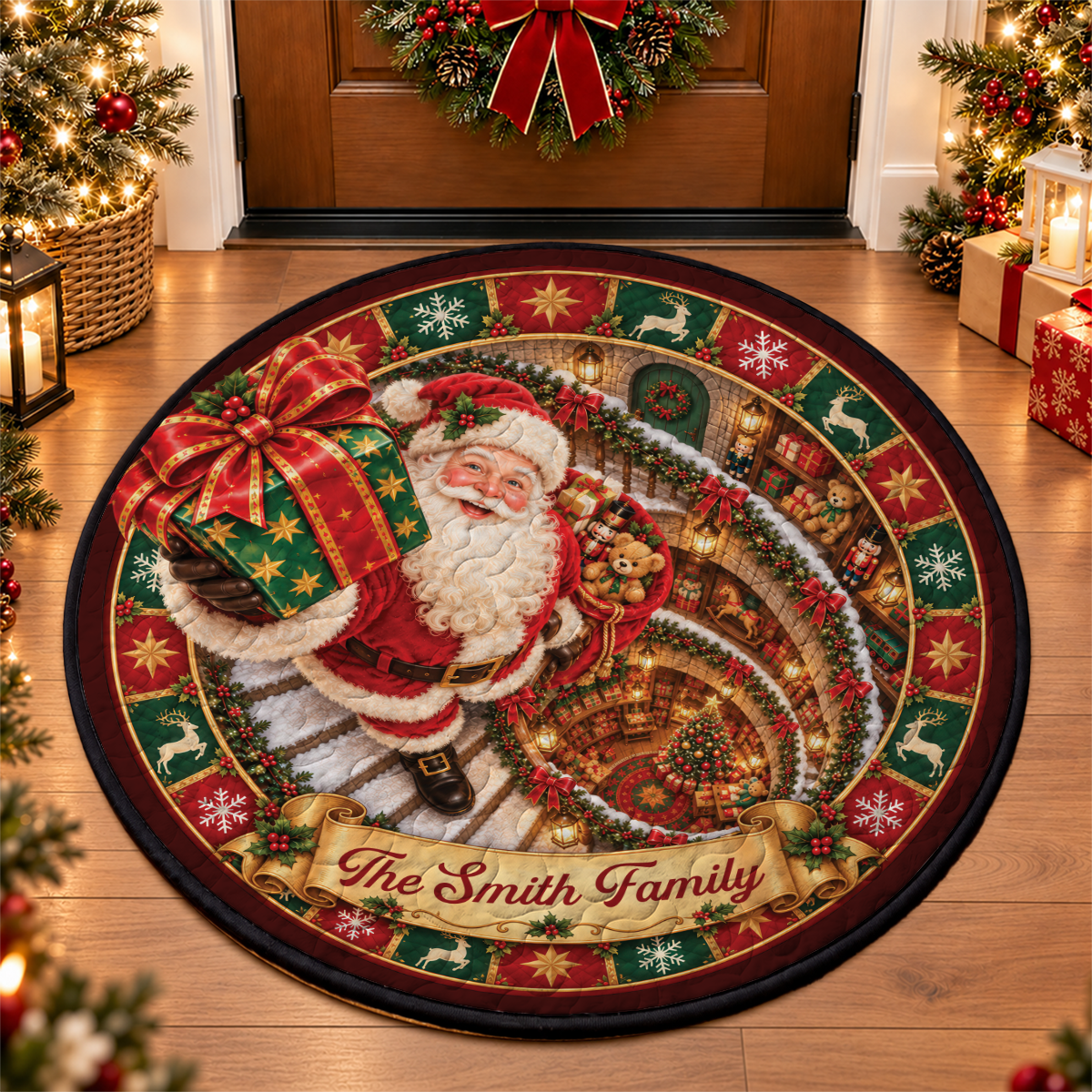 Sweet Holiday Joy Starts Here Family Shaped Doormat - Personalized Christmas Decor 3D Round Rug