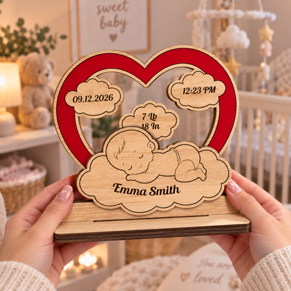 Christmas Baby New Born Heart - Personalized 2-Layer Wood Plaque With Flat Base